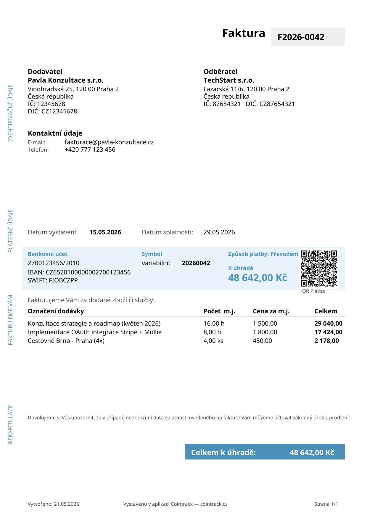 Vzorová faktura v PDF formátu generovaná Cointrackem — A4 s logem dodavatele, QR Platbou a tabulkou DPH