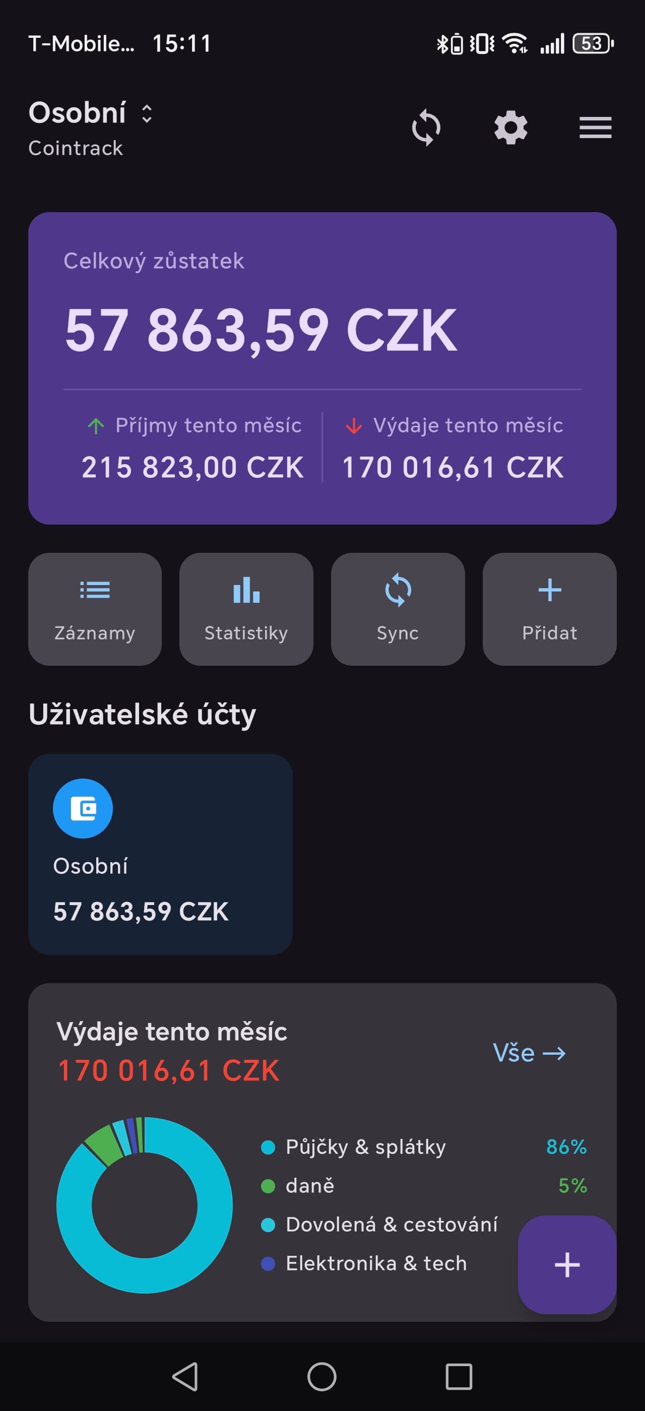Cointrack — hlavní přehled na Androidu